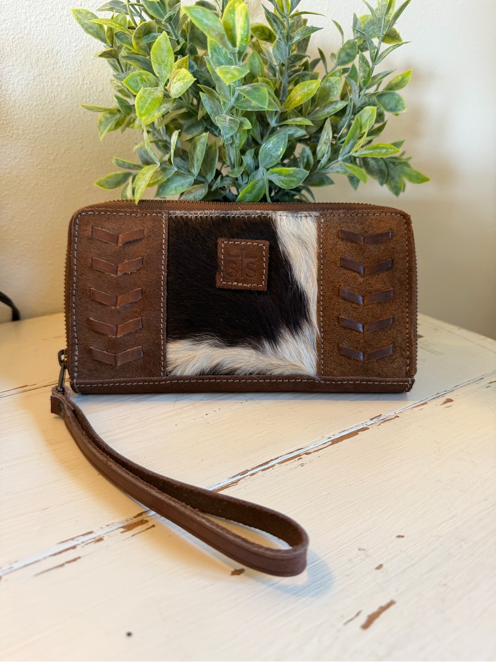 STS Ranchwear Brown and White Hair-on-Hide Zip Wristlet Wallet